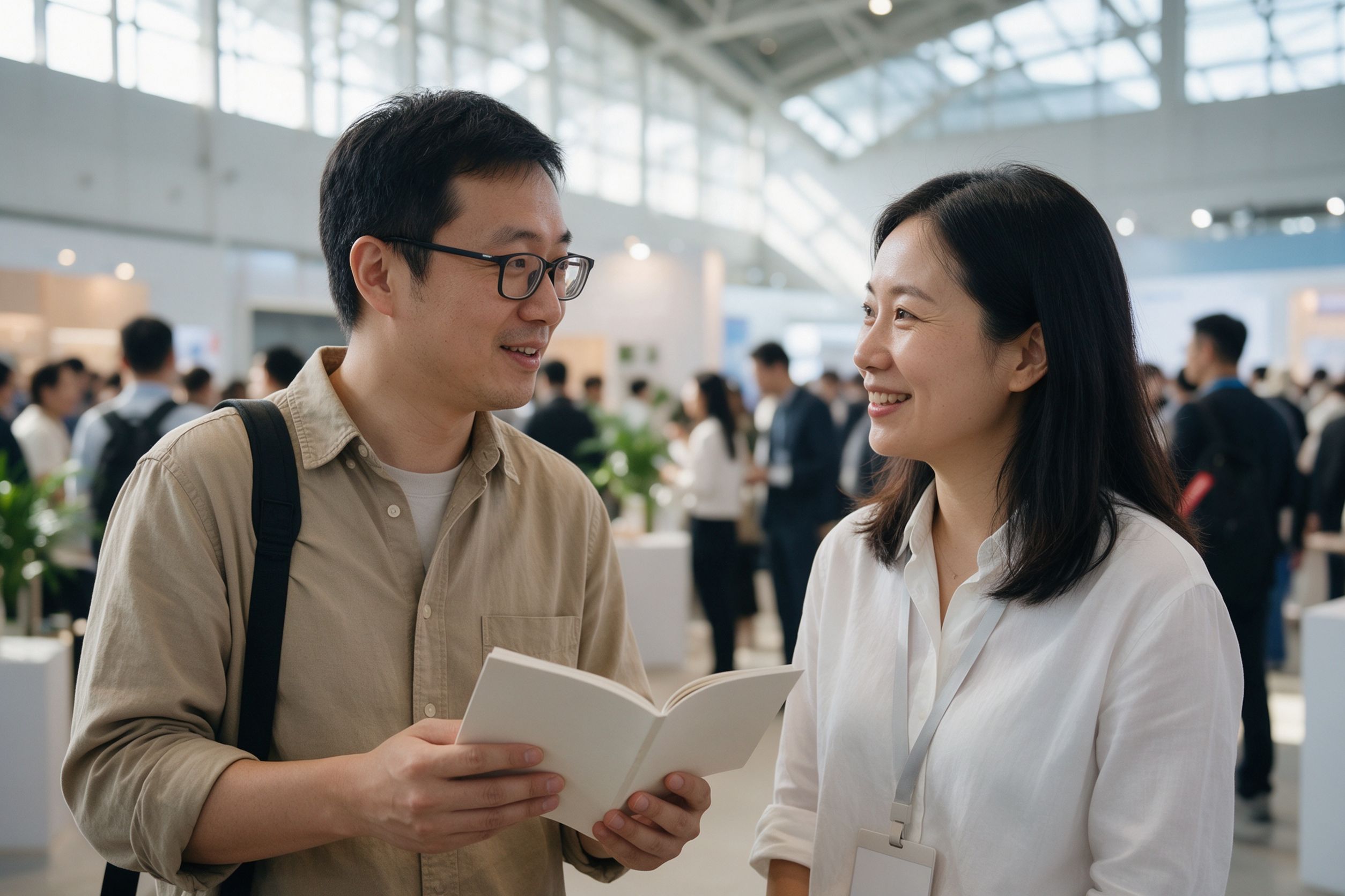 Two people talking at a trade show booth