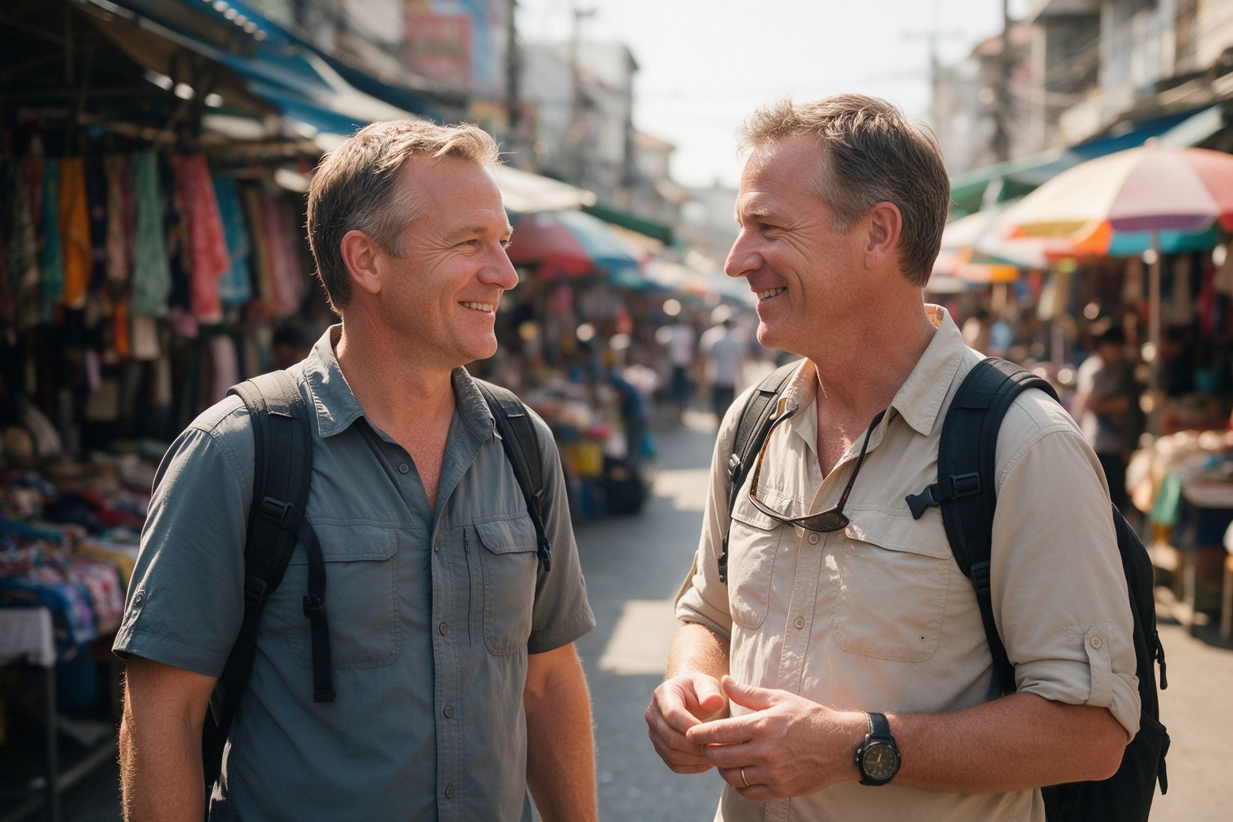 Two business travellers talking abroad